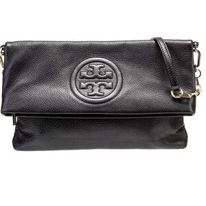Tory Burch Marion Foldover Black Leather Clutch